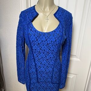NWT Black Halo Cobalt Blue Lace Sheath Long Sleeve Runway Dress Made in LA/USA